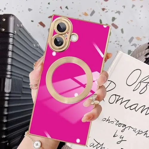 KANGHAR Case Designed for iPhone 16 Magnetic [Compatible with MagSafe] Luxury Cute Plating Design Case Full-Body Anti-Scratch Shockproof Bumper Protective Cover Hot Pink - 1