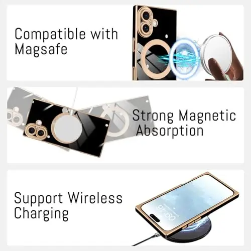 KANGHAR iPhone 17 için Kılıf Manyetik [MagSafe ile Uyumlu] Lüks Sevimli Kaplama Tasarımı Kılıf Tam Gövde Çizilmez Darbeye Dayanıklı Tampon Koruyucu Kapak Siyah - 5