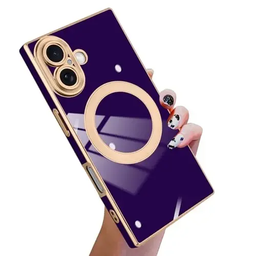 KANGHAR Case Designed for iPhone 17 Magnetic [Compatible with MagSafe] Luxury Cute Plating Design Case Full-Body Anti-Scratch Shockproof Bumper Protective Cover Dark Purple - 1