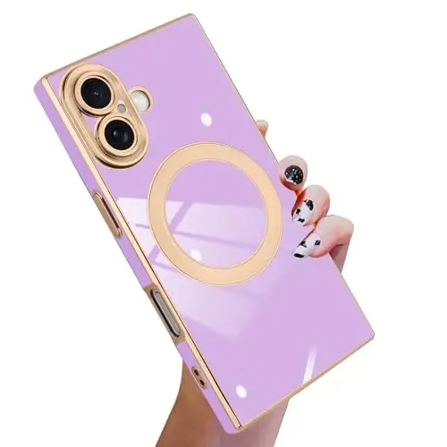 KANGHAR Case Designed for iPhone 17 Magnetic [Compatible with MagSafe] Luxury Cute Plating Design Case Full-Body Anti-Scratch Shockproof Bumper Protective Cover Purple - 1