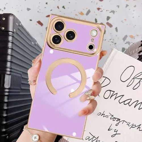 KANGHAR Case Designed for iPhone 17 Pro Magnetic [Compatible with MagSafe] Luxury Cute Plating Design Case Full-Body Anti-Scratch Shockproof Bumper Protective Cover Purple - 6