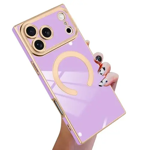 KANGHAR Case Designed for iPhone 17 Pro Magnetic [Compatible with MagSafe] Luxury Cute Plating Design Case Full-Body Anti-Scratch Shockproof Bumper Protective Cover Purple - KANGHAR