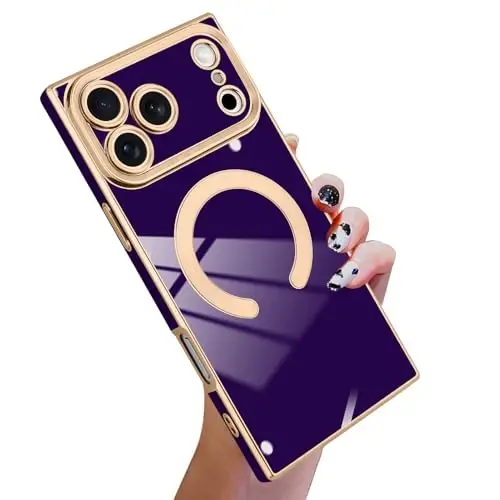 KANGHAR Case Designed for iPhone 17 Pro Max Magnetic [Compatible with MagSafe] Luxury Cute Plating Design Case Full-Body Anti-Scratch Shockproof Bumper Protective Cover Dark Purple - 1