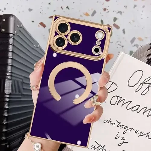 KANGHAR Case Designed for iPhone 17 Pro Max Magnetic [Compatible with MagSafe] Luxury Cute Plating Design Case Full-Body Anti-Scratch Shockproof Bumper Protective Cover Dark Purple - 6