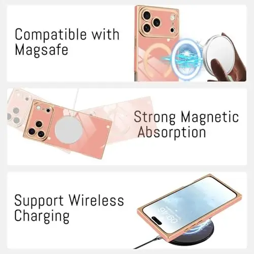 KANGHAR Case Designed for iPhone 17 Pro Max Magnetic [Compatible with MagSafe] Luxury Cute Plating Design Case Full-Body Anti-Scratch Shockproof Bumper Protective Cover Pink - 5
