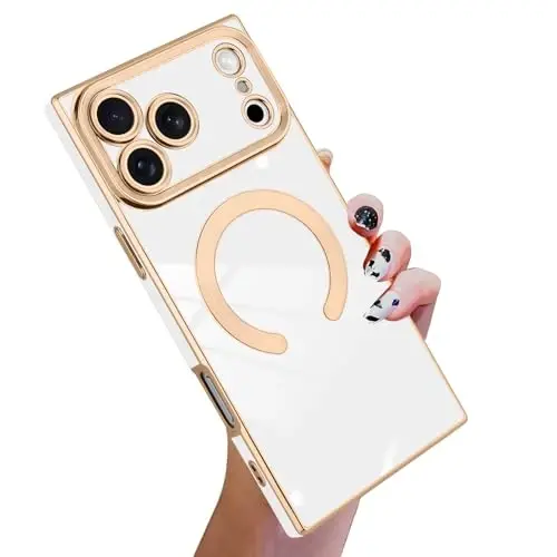KANGHAR Case Designed for iPhone 17 Pro Max Magnetic [Compatible with MagSafe] Luxury Cute Plating Design Case Full-Body Anti-Scratch Shockproof Bumper Protective Cover White - 1