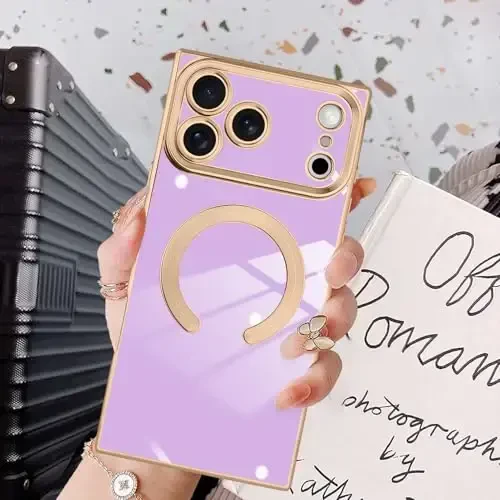 KANGHAR Case Designed for iPhone 17 Pro Max Magnetic [Compatible with MagSafe] Luxury Cute Plating Design Case Full-Body Anti-Scratch Shockproof Bumper Protective Cover Purple - 6