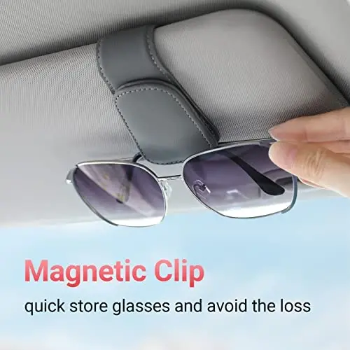 KanSmart Sunglass Holder for Car Visor Sunglasses Clip Magnetic Leather Glasses Eyeglass Holder Auto Interior Accessories Universal for SUV Pickup Truck -Gray - KANSMART (1)