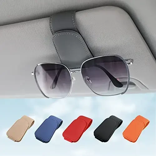 KanSmart Sunglass Holder for Car Visor Sunglasses Clip Magnetic Leather Glasses Eyeglass Holder Auto Interior Accessories Universal for SUV Pickup Truck -Gray - KanSmart