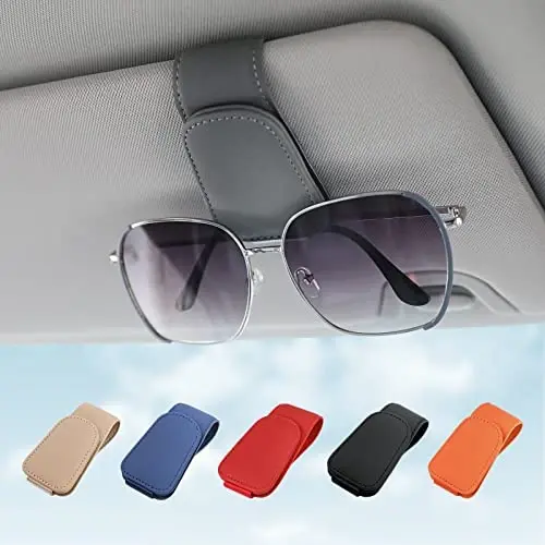 KanSmart Sunglass Holder for Car Visor Sunglasses Clip Magnetic Leather Glasses Eyeglass Holder Auto Interior Accessories Universal for SUV Pickup Truck -Gray - SUNGLASS