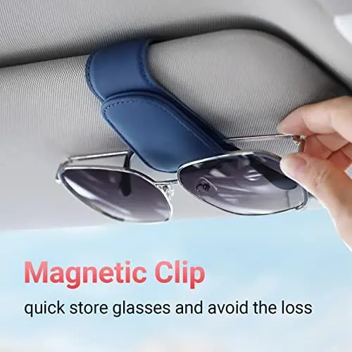 KanSmart Sunglass Holder for Car Visor Sunglasses Clip Magnetic Leather Glasses Eyeglass Holder Truck Car Interior Accessories Universal for Woman Man -Blue - 2