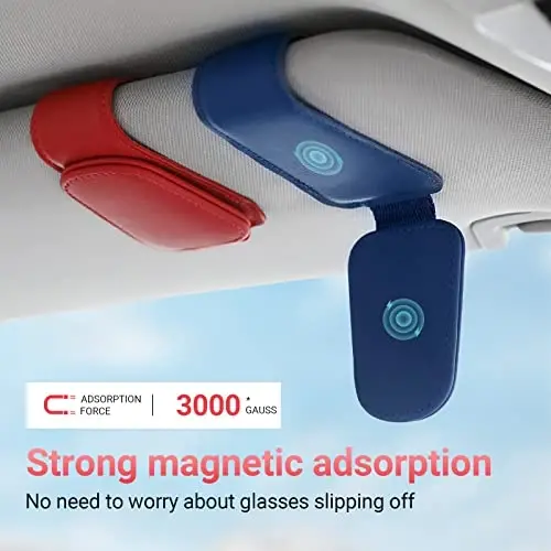KanSmart Sunglass Holder for Car Visor Sunglasses Clip Magnetic Leather Glasses Eyeglass Holder Truck Car Interior Accessories Universal for Woman Man -Blue - 5