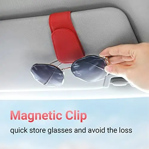 KanSmart Sunglass Holder for Car Visor Sunglasses Clip Magnetic Leather Glasses Eyeglass Holder Truck Car Interior Accessories Universal for Woman Man -Red - 2