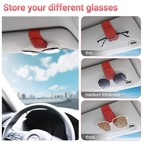 KanSmart Sunglass Holder for Car Visor Sunglasses Clip Magnetic Leather Glasses Eyeglass Holder Truck Car Interior Accessories Universal for Woman Man -Red - 3