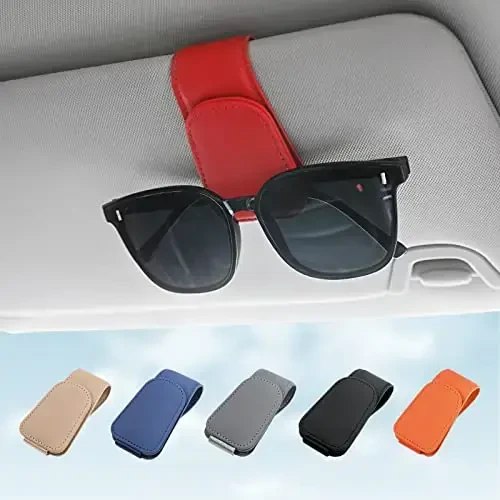 KanSmart Sunglass Holder for Car Visor Sunglasses Clip Magnetic Leather Glasses Eyeglass Holder Truck Car Interior Accessories Universal for Woman Man -Red - KanSmart