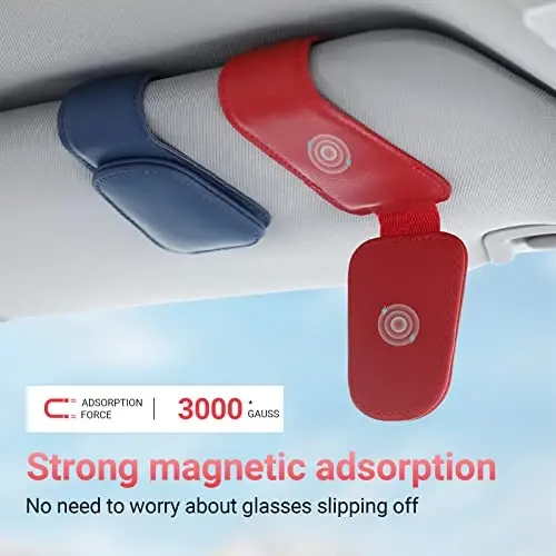 KanSmart Sunglass Holder for Car Visor Sunglasses Clip Magnetic Leather Glasses Eyeglass Holder Truck Car Interior Accessories Universal for Woman Man -Red - 5