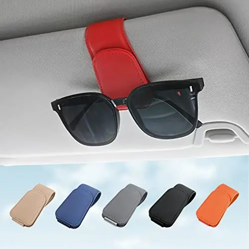 KanSmart Sunglass Holder for Car Visor Sunglasses Clip Magnetic Leather Glasses Eyeglass Holder Truck Car Interior Accessories Universal for Woman Man -Red 
