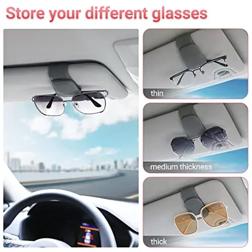 KanSmart Sunglass Holder for Car Visor Sunglasses Clip Magnetic Leather Glasses Eyeglass Holder Auto Interior Accessories Universal for SUV Pickup Truck -Gray - 3