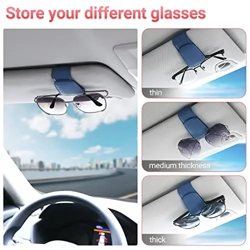 KanSmart Sunglass Holder for Car Visor Sunglasses Clip Magnetic Leather Glasses Eyeglass Holder Truck Car Interior Accessories Universal for Woman Man -Blue - 3