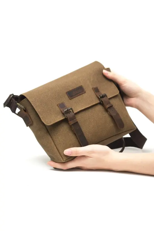 Kanvas - Deri Sütlü Kahve Postacı Çanta - Design01-Sütlü Kahve - 1