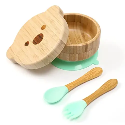 Baby Bowls with Lid,HBM Bamboo Suction Bowls for Baby and Spoon Set,3PC Feeding Supplies Set for Infant, Toddlers,Detachable Silicone Suction Stay Put Base for Wooden Bowl （Mint） - 1