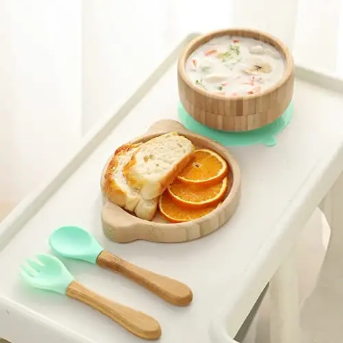 Baby Bowls with Lid,HBM Bamboo Suction Bowls for Baby and Spoon Set,3PC Feeding Supplies Set for Infant, Toddlers,Detachable Silicone Suction Stay Put Base for Wooden Bowl （Mint） - 2