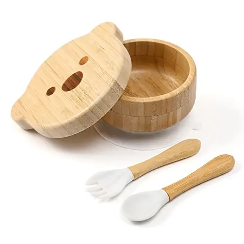 Baby Bowls with Lid,HBM Bamboo Suction Bowls for Baby and Spoon Set,3PC Feeding Supplies Set for Infant, Toddlers,Detachable Silicone Suction Stay Put Base for Wooden Bowl (Marble) - 1