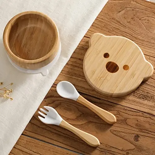 Baby Bowls with Lid,HBM Bamboo Suction Bowls for Baby and Spoon Set,3PC Feeding Supplies Set for Infant, Toddlers,Detachable Silicone Suction Stay Put Base for Wooden Bowl (Marble) - 2
