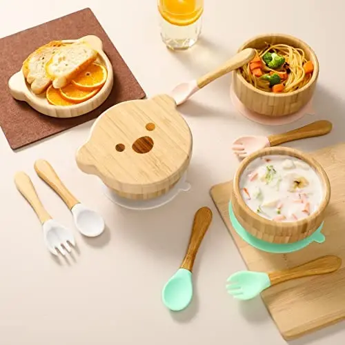 Baby Bowls with Lid,HBM Bamboo Suction Bowls for Baby and Spoon Set,3PC Feeding Supplies Set for Infant, Toddlers,Detachable Silicone Suction Stay Put Base for Wooden Bowl (Marble) - 3