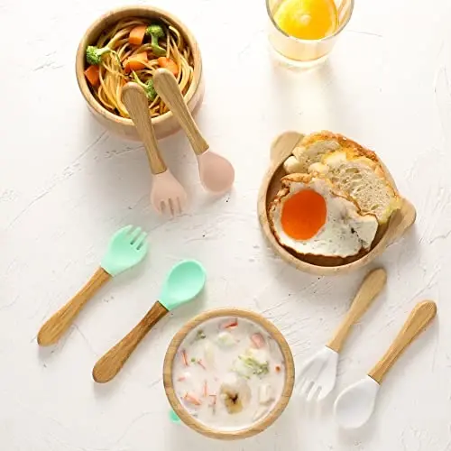 Baby Bowls with Lid,HBM Bamboo Suction Bowls for Baby and Spoon Set,3PC Feeding Supplies Set for Infant, Toddlers,Detachable Silicone Suction Stay Put Base for Wooden Bowl (Marble) - 4