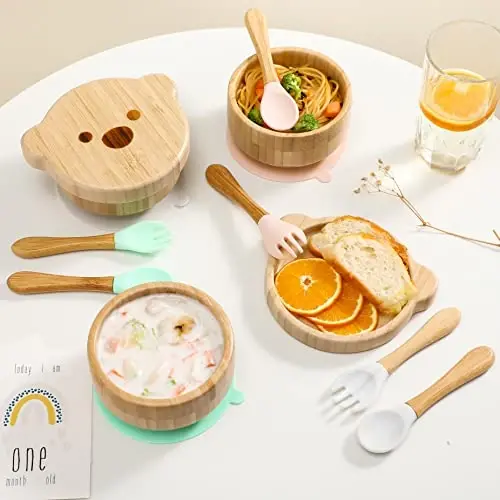 Baby Bowls with Lid,HBM Bamboo Suction Bowls for Baby and Spoon Set,3PC Feeding Supplies Set for Infant, Toddlers,Detachable Silicone Suction Stay Put Base for Wooden Bowl (Marble) - 5