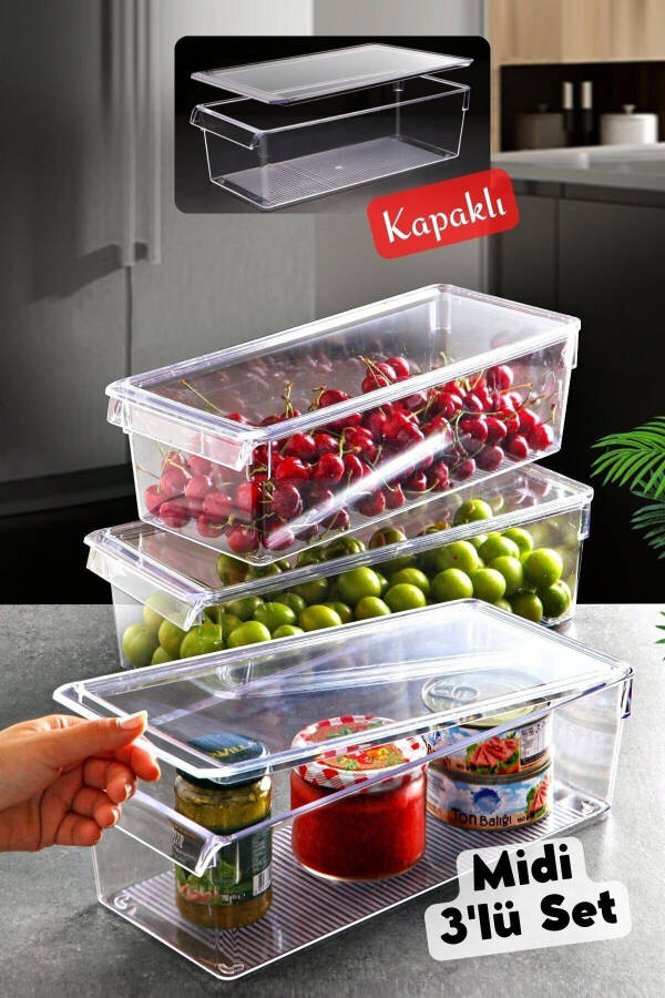 Kapaklı Midi Tall Clear Buzdolabı & Dolap Içi Düzenleyici Organizer 3 Adet - 1