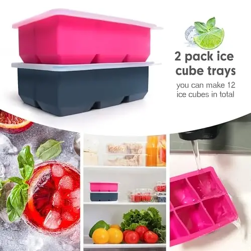 Silicone Ice Cube Trays with Lids,Large Square Ice Cube Molds for Freezer, Whiskey, Cocktail, Stackable Flexible and Reusable & Easy Release BPA Free (2 Pack&Dark Gray and Rose) - 4