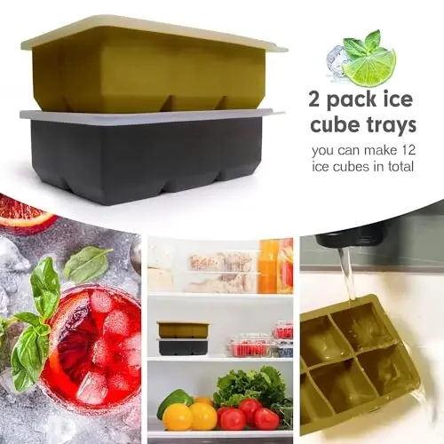 Silicone Ice Cube Trays with Lids,Large Square Ice Cube Molds for Freezer, Whiskey, Cocktail, Stackable Flexible and Reusable & Easy Release BPA Free (2 Pack&Dark Gray and Army green) - 3