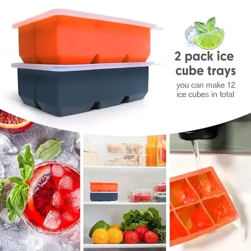 Silicone Ice Cube Trays with Lids,Large Square Ice Cube Molds for Freezer, Whiskey, Cocktail, Stackable Flexible and Reusable & Easy Release BPA Free (2 Pack&Dark Gray and Orange) - 4
