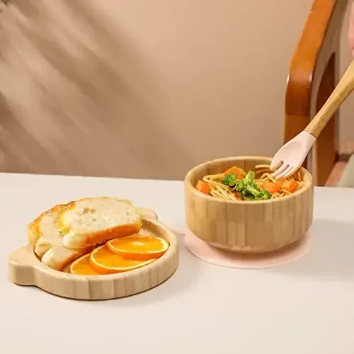 Baby Bowls with Lid,HBM Bamboo Suction Bowls for Baby and Spoon Set,3PC Feeding Supplies Set for Infant, Toddlers,Detachable Silicone Suction Stay Put Base for Wooden Bowl (Pink) - HI BABY MONMENT (1)