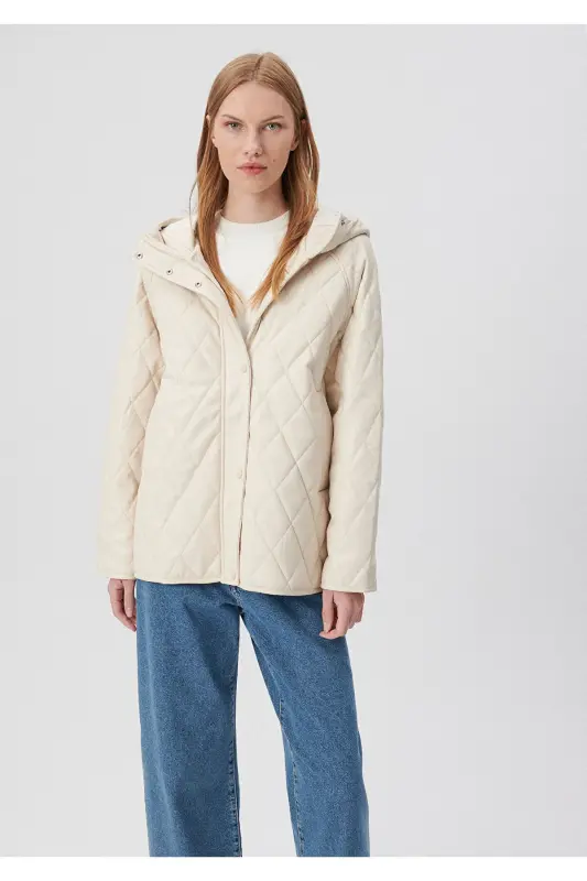 Kapitone detalli bej sun'iy charm kurtka Loose Fit / Keng kesim 1110212-70072 - 1