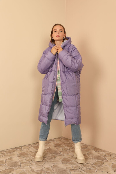 Kapitone Kumaş Uzun Kol Oversize/Salaş Kadın Mont - Lila - 3