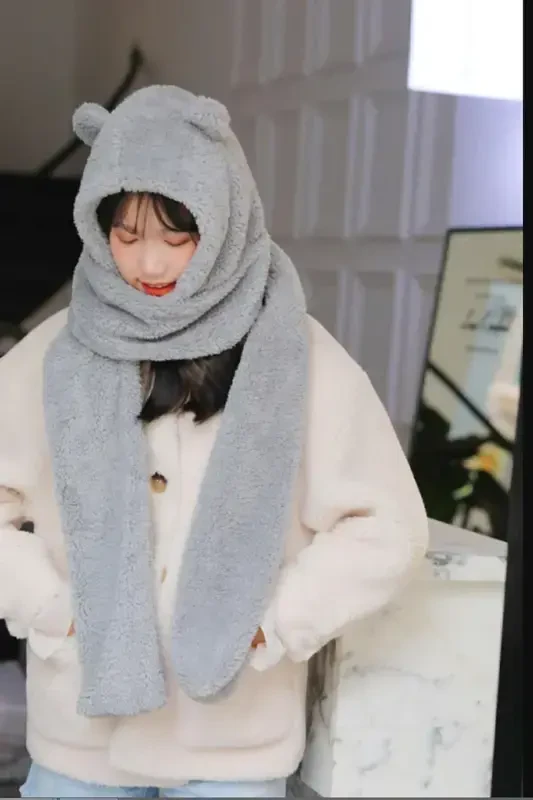 Капюшон Серый Плюшевый Берет Шарф Женский Welsoft Флис Кашне Снуд Шарф Ветрозащитная Шапка с Ушками-Серый - 2