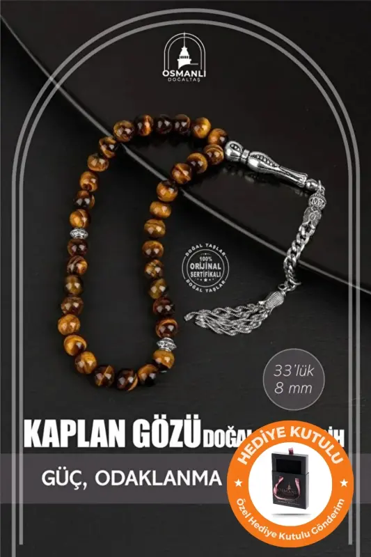 Orijinal & Sertifikalı Kaplan Gözü Doğal Taş El Yapımı Özel Kutulu Hediyelik Erkek Tesbih 33lük 8mm - OSMANLI DOĞAL TAŞ
