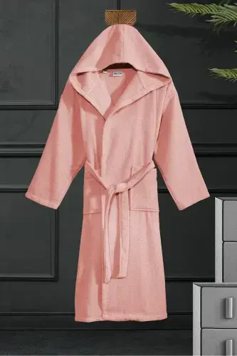 Kapşonlu Bornoz - Kadın Ve Erkek | %100 Pamuk | Dayanıklı | Hızlı Kuruma | Yumuşacık Konfor-Somon - 1