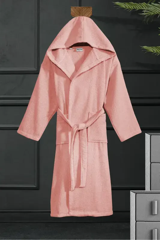 Kapşonlu Bornoz - Kadın Ve Erkek | %100 Pamuk | Dayanıklı | Hızlı Kuruma | Yumuşacık Konfor-Somon - 1
