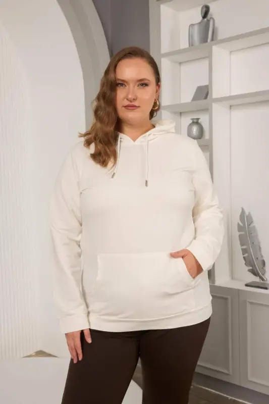 Kapşonlu Büyük Beden Beyaz Sweatshirt - 2