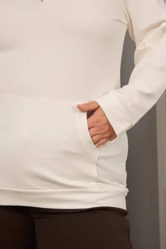 Kapşonlu Büyük Beden Beyaz Sweatshirt - 4