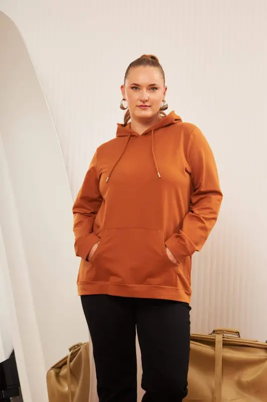Kapşonlu Büyük Beden Camel Sweatshirt - 1