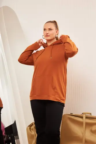Kapşonlu Büyük Beden Camel Sweatshirt - 2