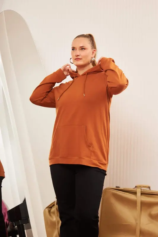 Kapşonlu Büyük Beden Camel Sweatshirt - 2