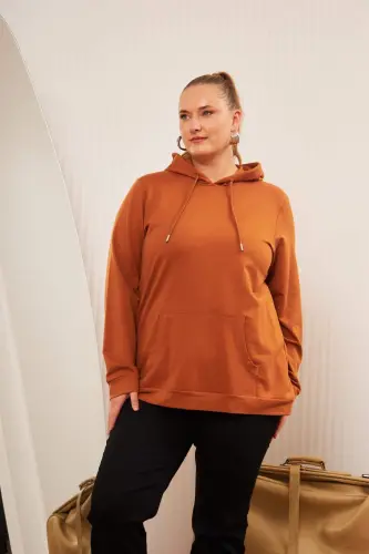 Kapşonlu Büyük Beden Camel Sweatshirt - 4