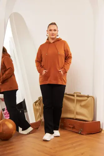 Kapşonlu Büyük Beden Camel Sweatshirt - 6