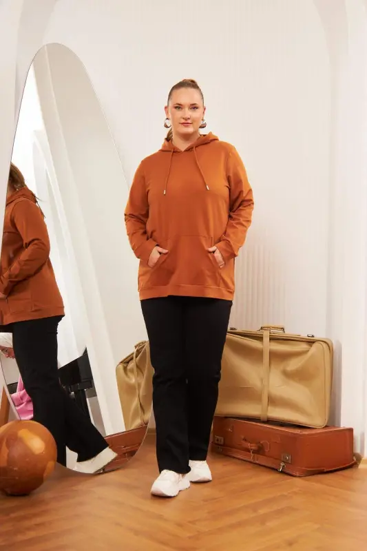 Kapşonlu Büyük Beden Camel Sweatshirt - 6